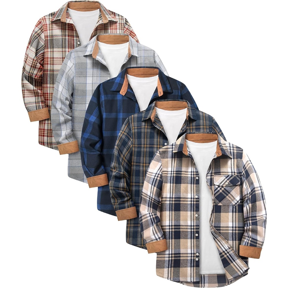 image:imageZITY 5 Pack Mens Flannel Shirt Long Sleeve Button Down Plaid ShirtsWine Red Ricenavy Bluelight Gray Gridnavy Blue Yellowdark Blue Beige