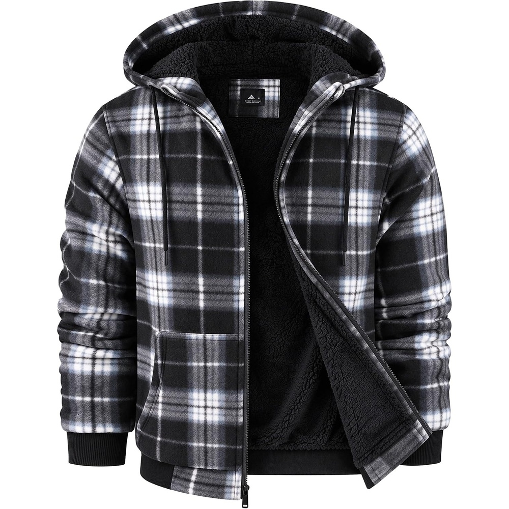 image:imageZITY Hoodies for Men Flannel Fleece Sweatshirt Sherpa Lined Plaid JacketBlack