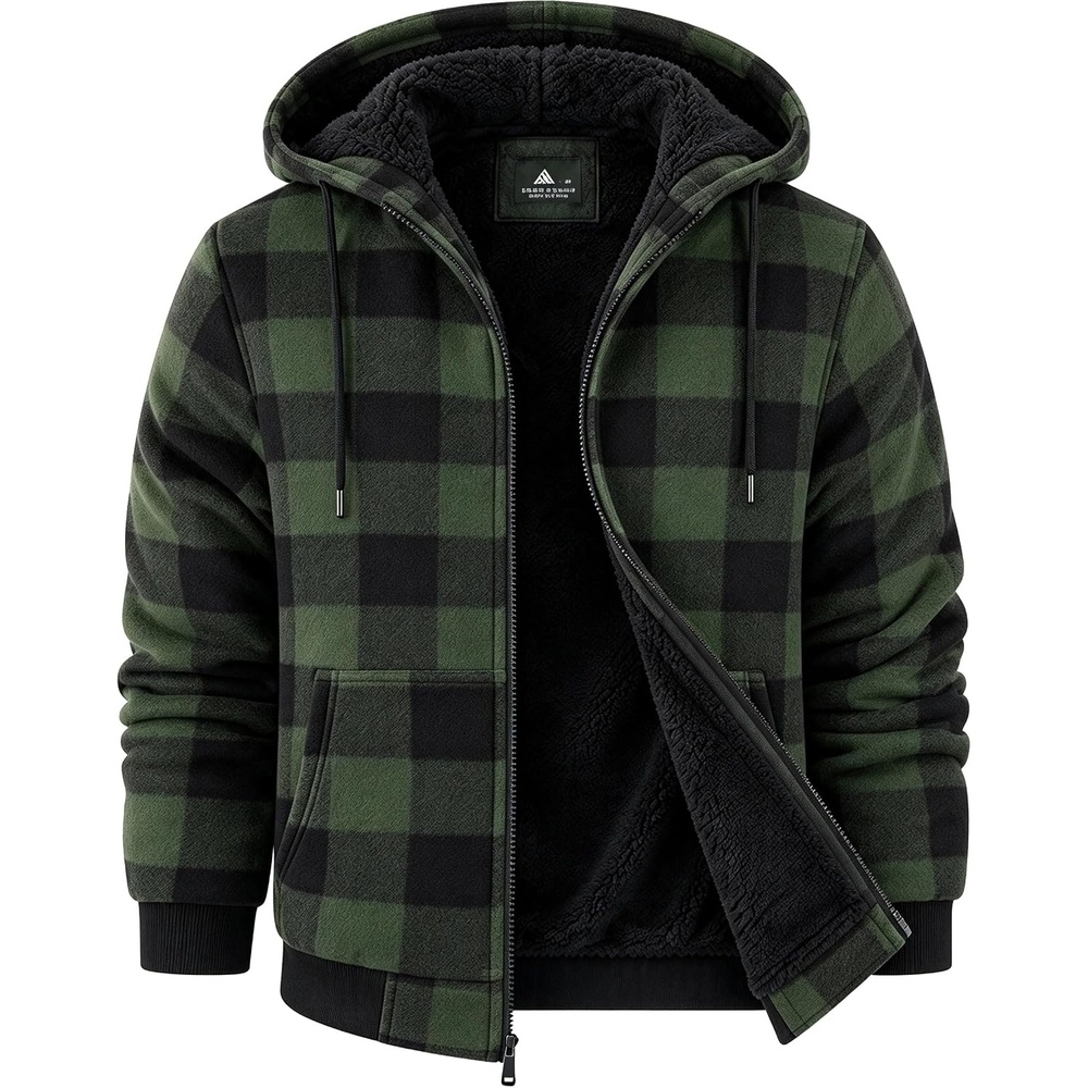 image:imageZITY Hoodies for Men Flannel Fleece Sweatshirt Sherpa Lined Plaid JacketGreen