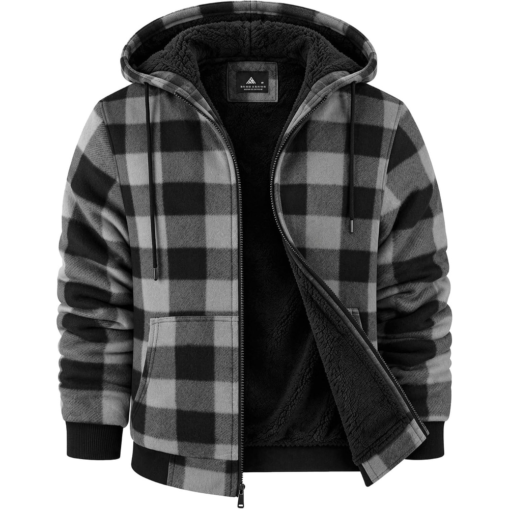 image:imageZITY Hoodies for Men Flannel Fleece Sweatshirt Sherpa Lined Plaid JacketGrey