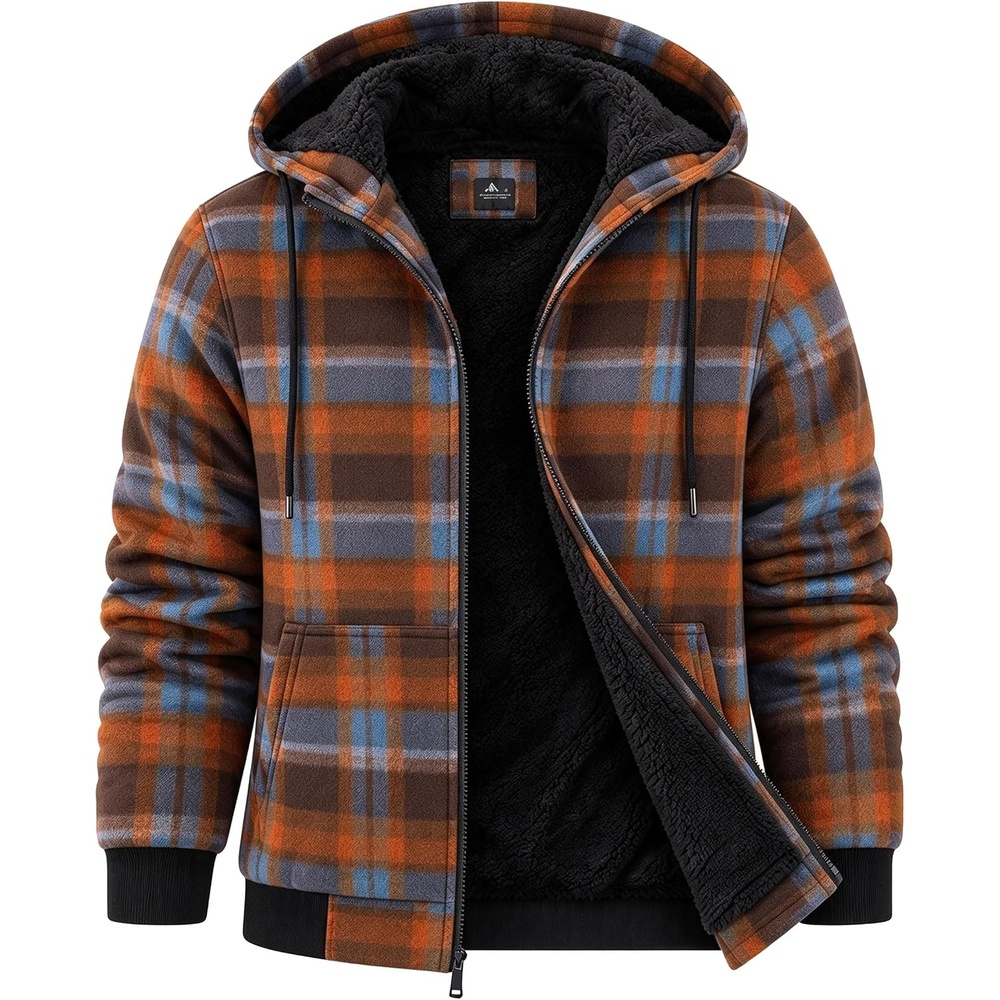image:imageZITY Hoodies for Men Flannel Fleece Sweatshirt Sherpa Lined Plaid JacketOrange