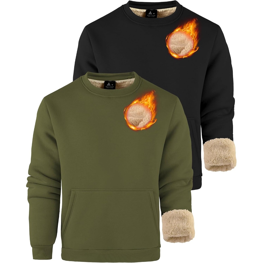 image:imageZITY Mens Crewneck Sweatshirts Sherpa Lined Sweatshirt Warm Soft Heavyweight Winter Pullover Kangaroo with Pouch PocketBlack  Army Green