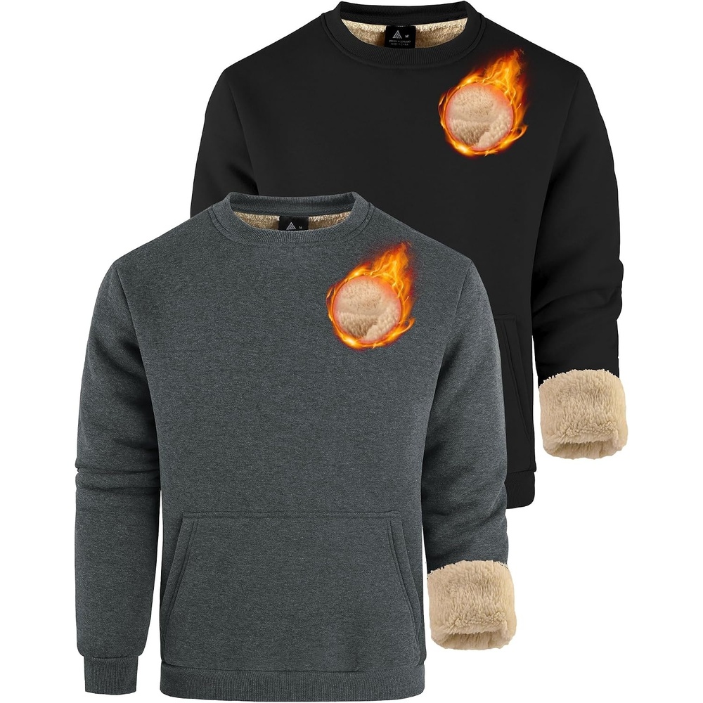 image:imageZITY Mens Crewneck Sweatshirts Sherpa Lined Sweatshirt Warm Soft Heavyweight Winter Pullover Kangaroo with Pouch PocketBlack  Grey
