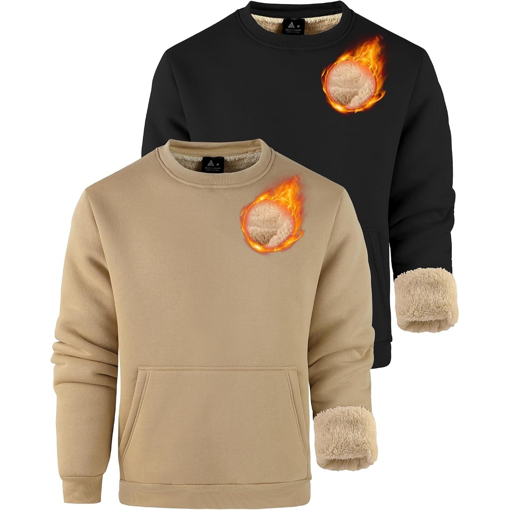 image:imageZITY Mens Crewneck Sweatshirts Sherpa Lined Sweatshirt Warm Soft Heavyweight Winter Pullover Kangaroo with Pouch PocketBlack Light Brown