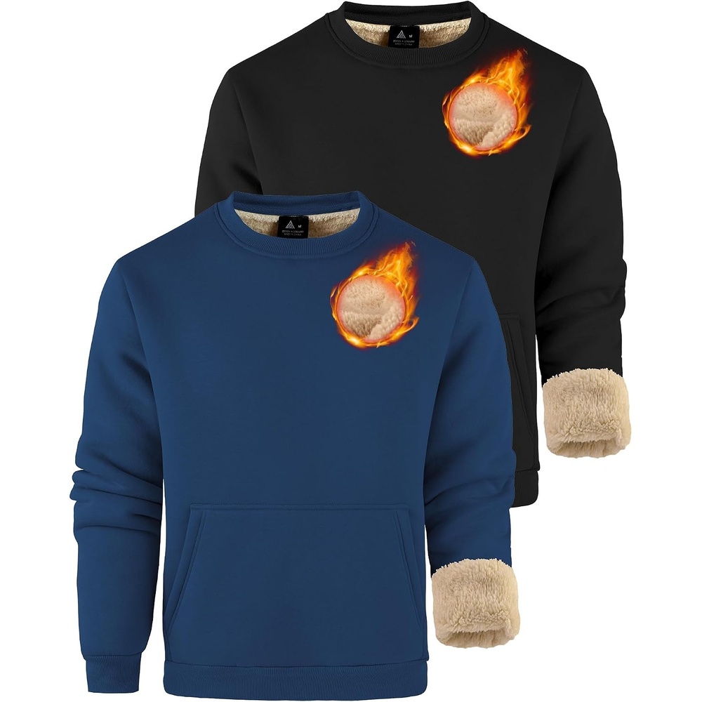 image:imageZITY Mens Crewneck Sweatshirts Sherpa Lined Sweatshirt Warm Soft Heavyweight Winter Pullover Kangaroo with Pouch PocketBlack Navy Blue