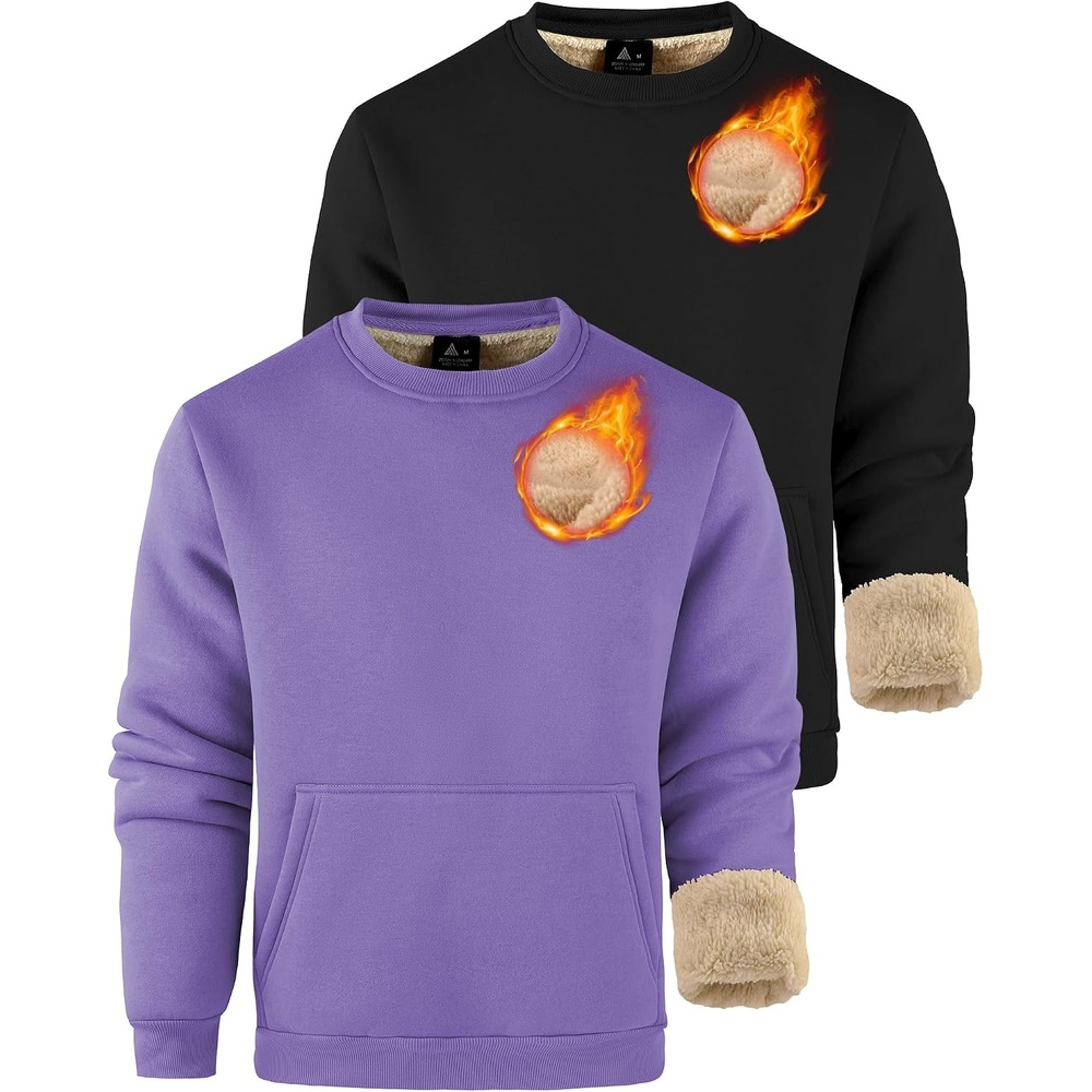 image:imageZITY Mens Crewneck Sweatshirts Sherpa Lined Sweatshirt Warm Soft Heavyweight Winter Pullover Kangaroo with Pouch PocketBlack Purple
