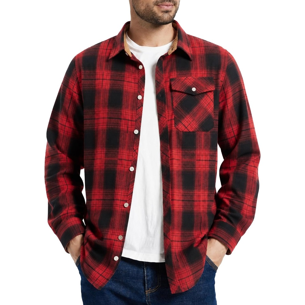 image:imageZITY Mens Flannel Shirt Plaid Button Down Shirts Long Sleeve CasualBlack Red Grid