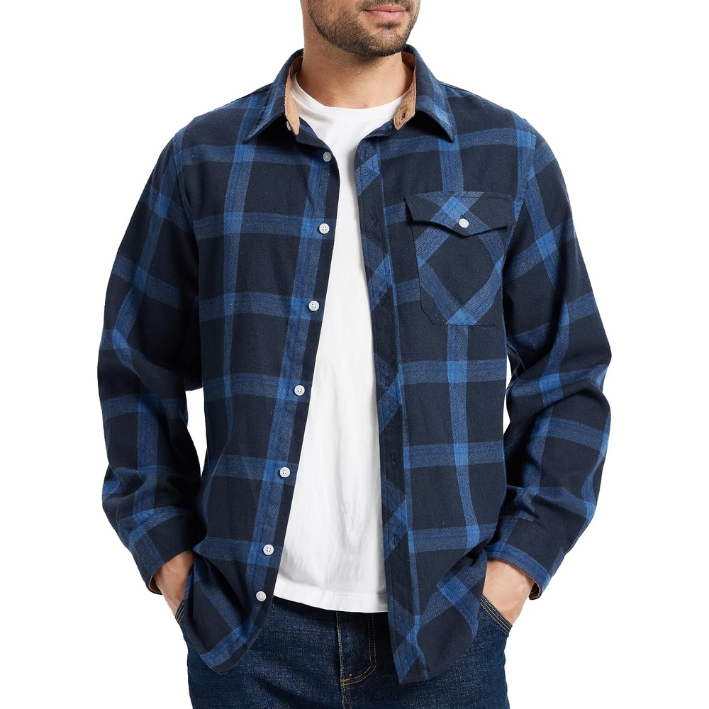 image:imageZITY Mens Flannel Shirt Plaid Button Down Shirts Long Sleeve CasualNavy Blue
