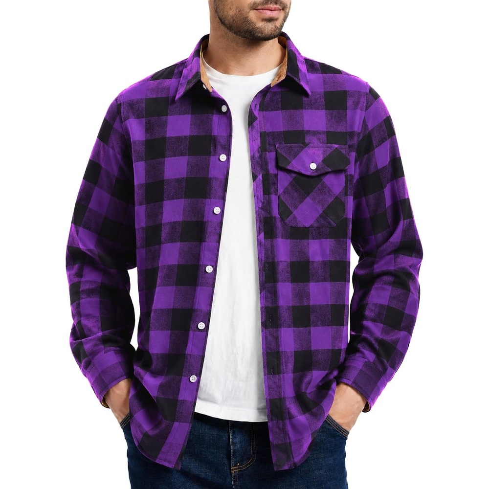 image:imageZITY Mens Flannel Shirt Plaid Button Down Shirts Long Sleeve CasualPurple