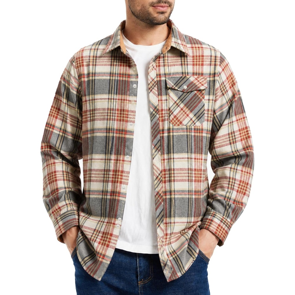 image:imageZITY Mens Flannel Shirt Plaid Button Down Shirts Long Sleeve CasualWine Red Rice