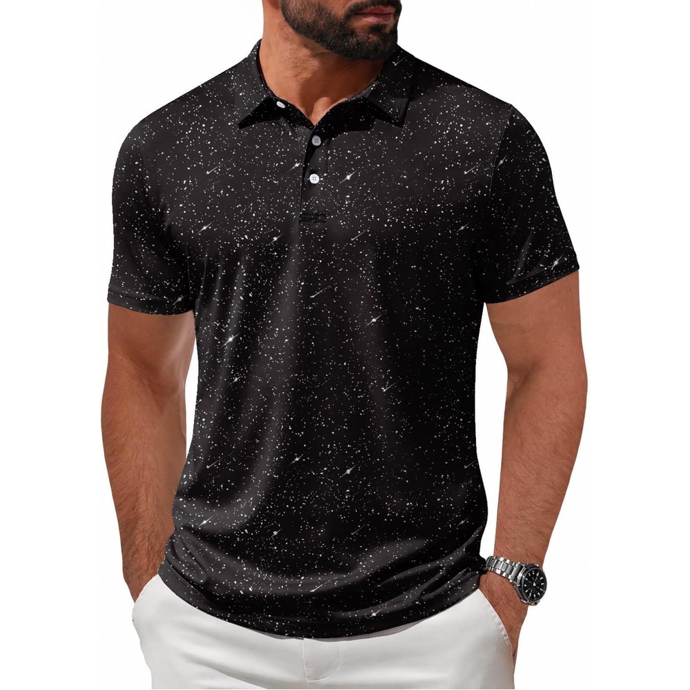 image:imageZITY Mens Golf Shirt Short Sleeve UPF 50 Athletic Casual Collared PoloBlack White Dots