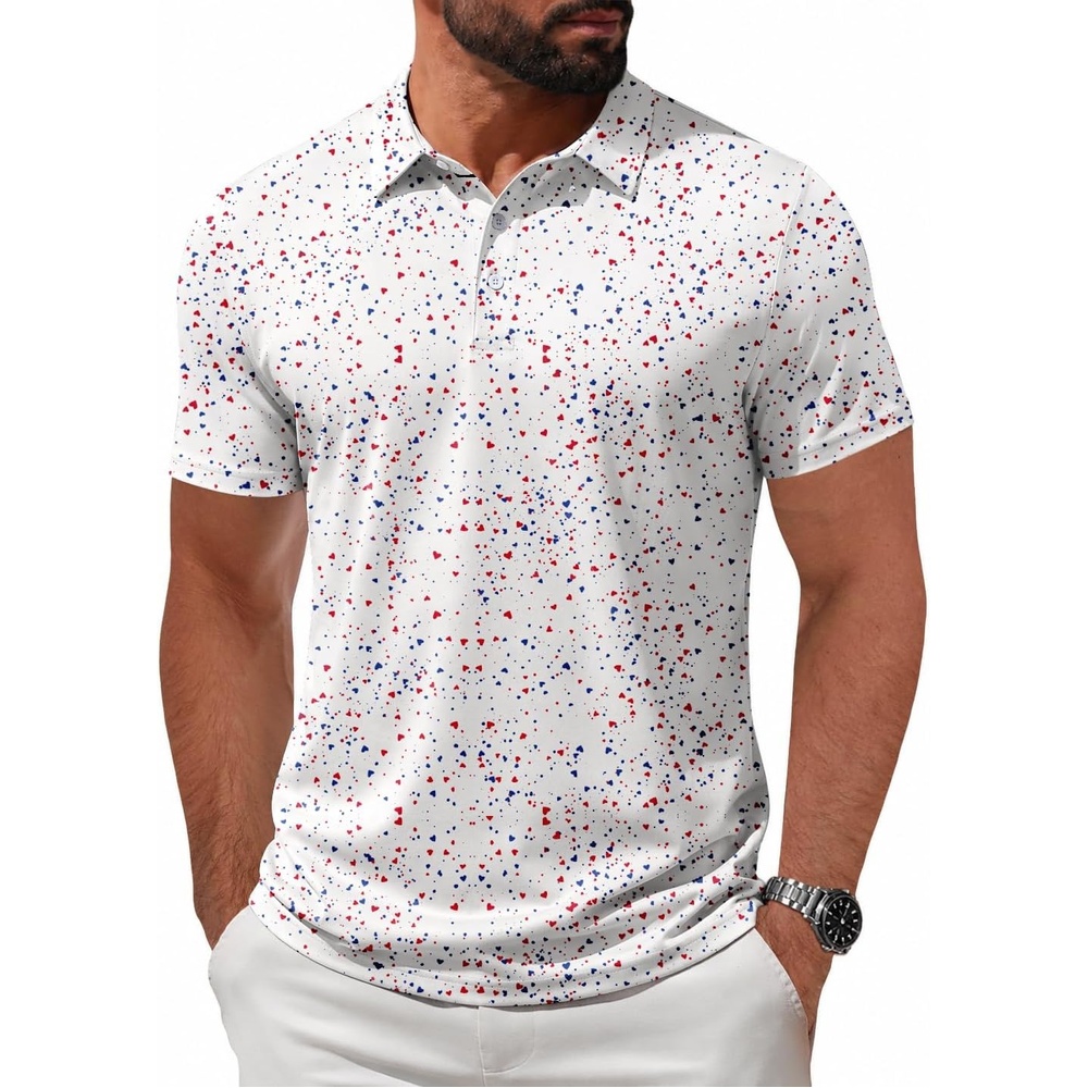 image:imageZITY Mens Golf Shirt Short Sleeve UPF 50 Athletic Casual Collared PoloWhite Red Dots