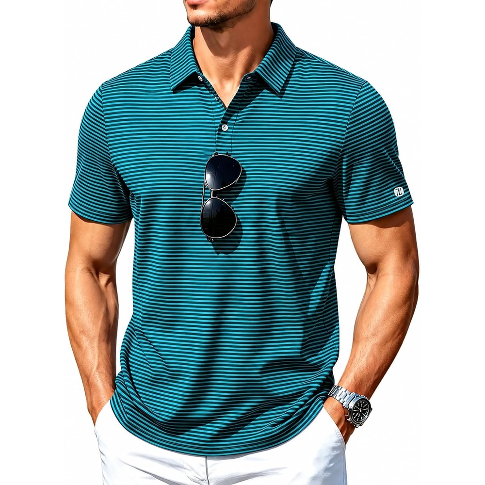 image:imageZITY Mens Golf Shirt Short Sleeve UPF 50 Performance Striped Polo ShirtsDark Blue Green Striped