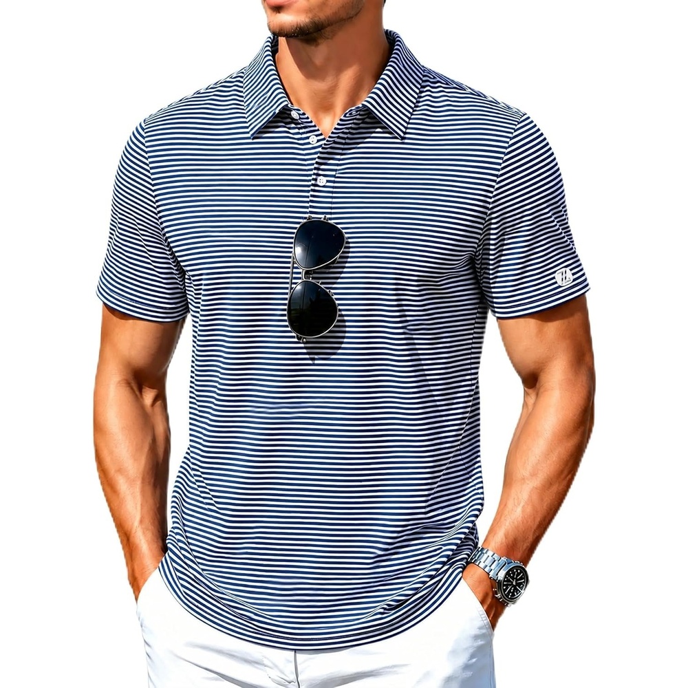 image:imageZITY Mens Golf Shirt Short Sleeve UPF 50 Performance Striped Polo ShirtsNavy Blue Striped