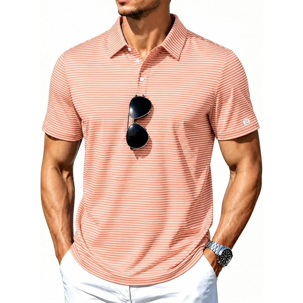 image:imageZITY Mens Golf Shirt Short Sleeve UPF 50 Performance Striped Polo ShirtsOrange Striped