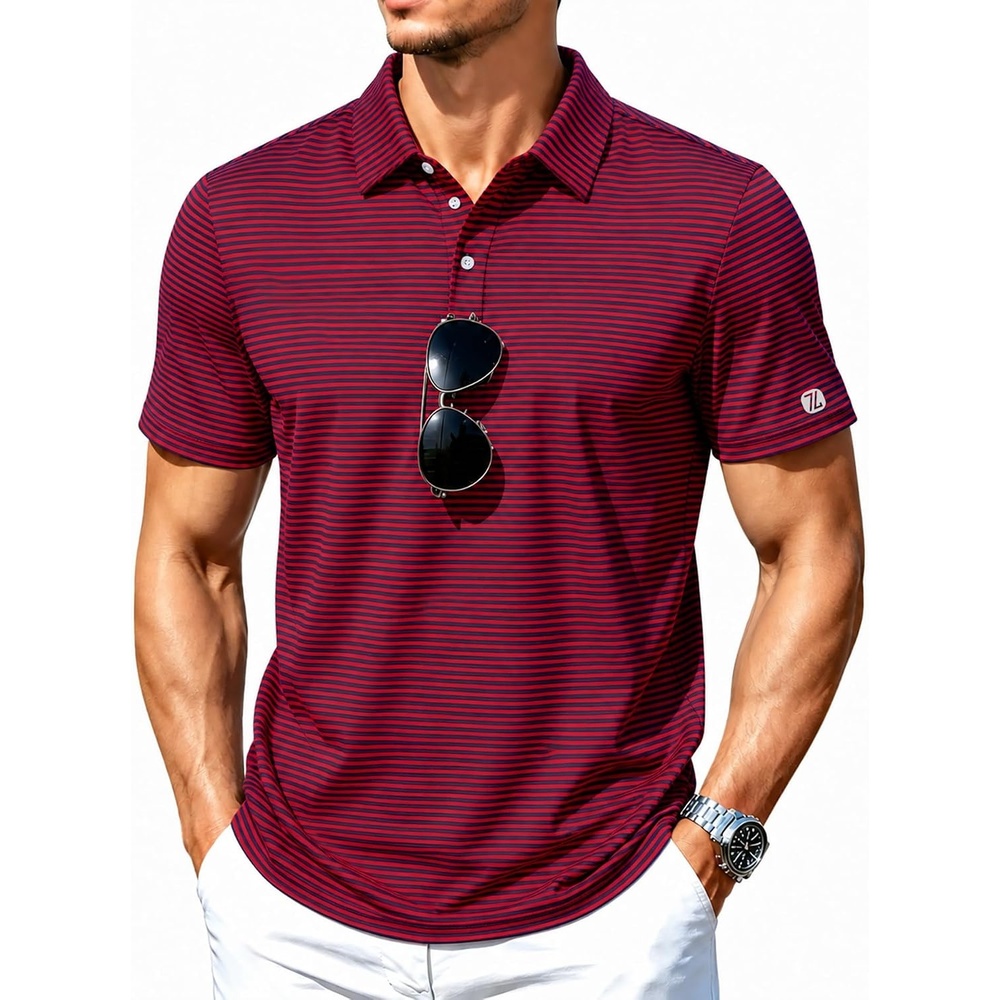 image:imageZITY Mens Golf Shirt Short Sleeve UPF 50 Performance Striped Polo ShirtsRed Striped