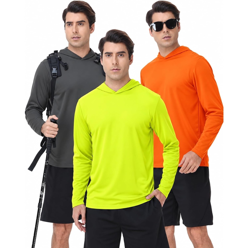 image:imageZITY Mens Lightweight Pullover Sweatshirt Hoodie UPF 50 Fishing Shirts3 Packfluorescent Yellow Fluorescent Orange Dark Gray