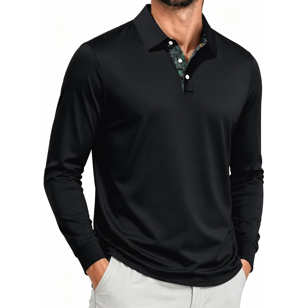 image:imageZITY Mens Long Sleeve Golf Shirts Performance Print Collared Polo ShirtBlack