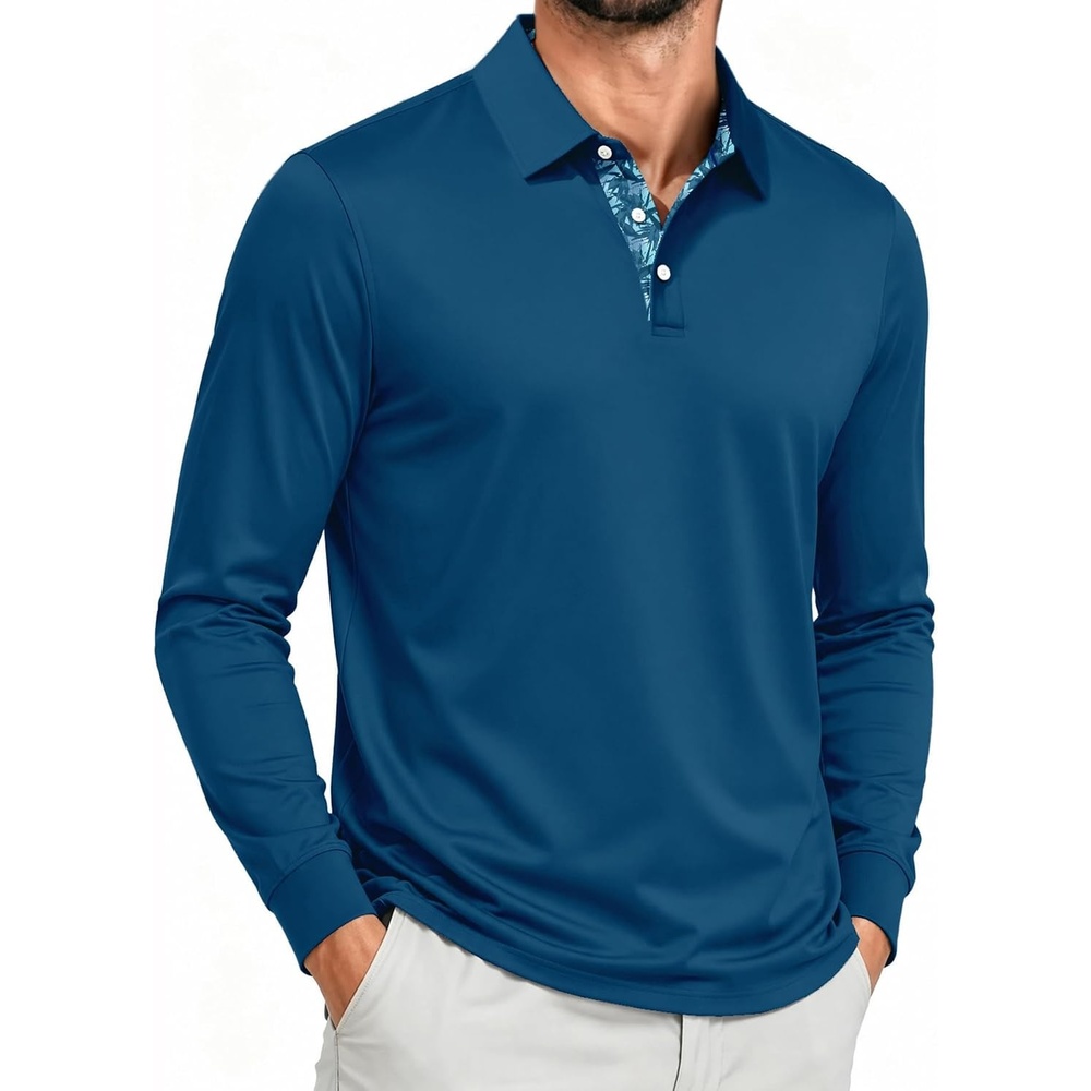 image:imageZITY Mens Long Sleeve Golf Shirts Performance Print Collared Polo ShirtBlue