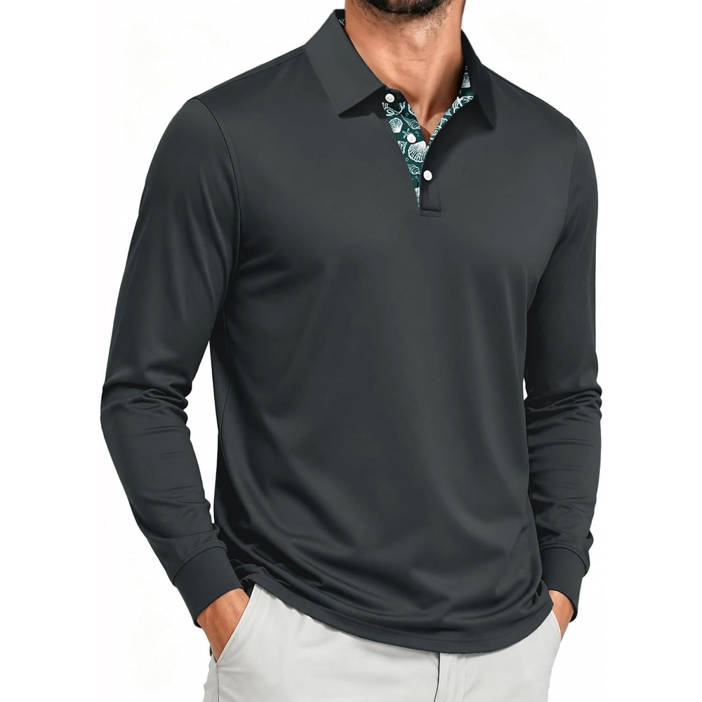 image:imageZITY Mens Long Sleeve Golf Shirts Performance Print Collared Polo ShirtDark Grey