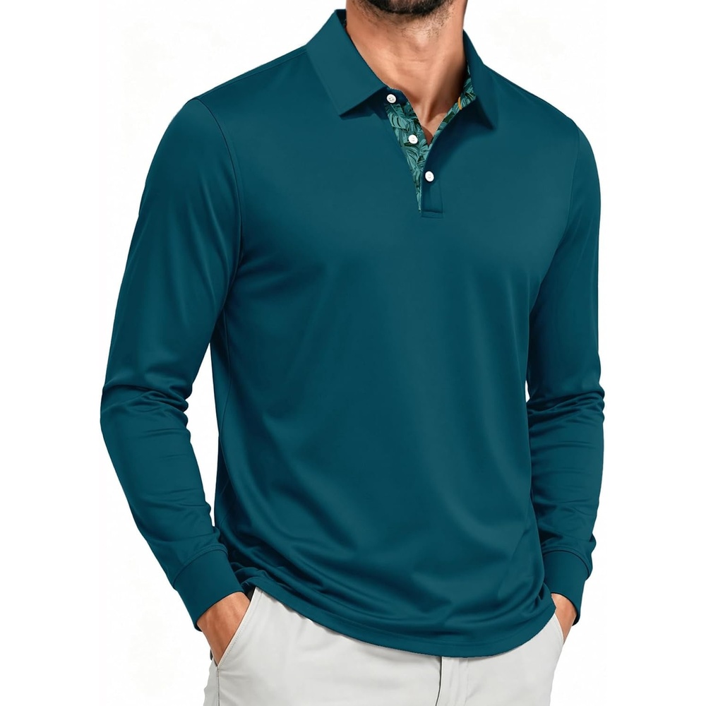 image:imageZITY Mens Long Sleeve Golf Shirts Performance Print Collared Polo ShirtDark Teal Blue