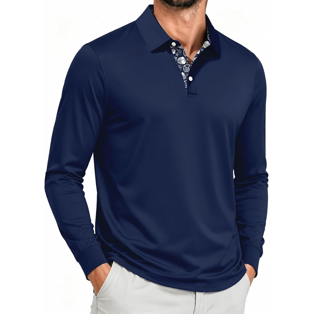 image:imageZITY Mens Long Sleeve Golf Shirts Performance Print Collared Polo ShirtNavy