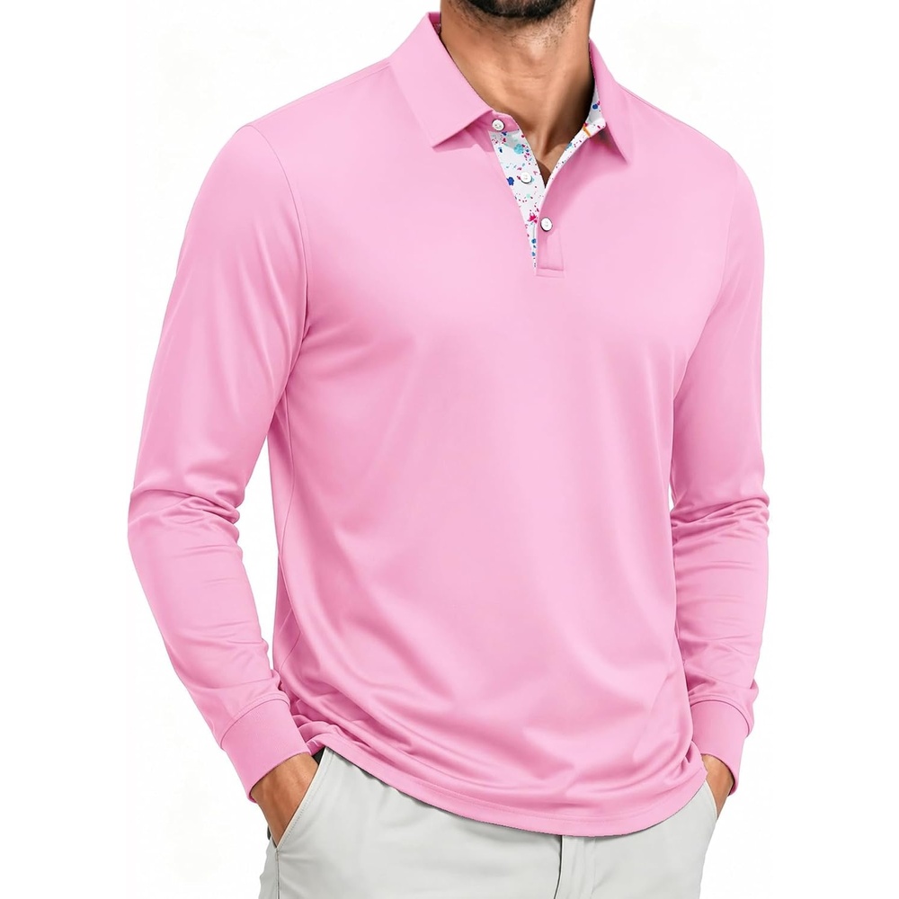 image:imageZITY Mens Long Sleeve Golf Shirts Performance Print Collared Polo ShirtPink
