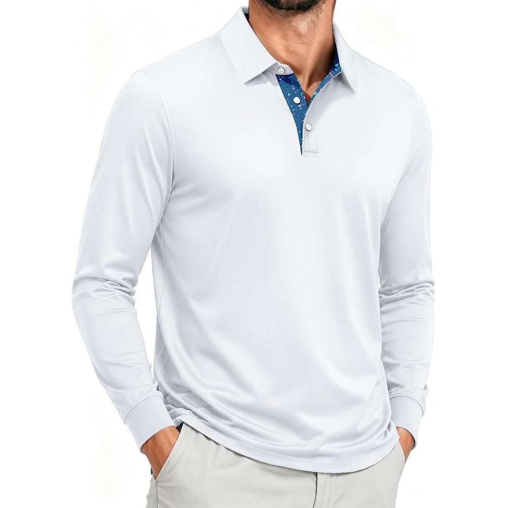 image:imageZITY Mens Long Sleeve Golf Shirts Performance Print Collared Polo ShirtWhite