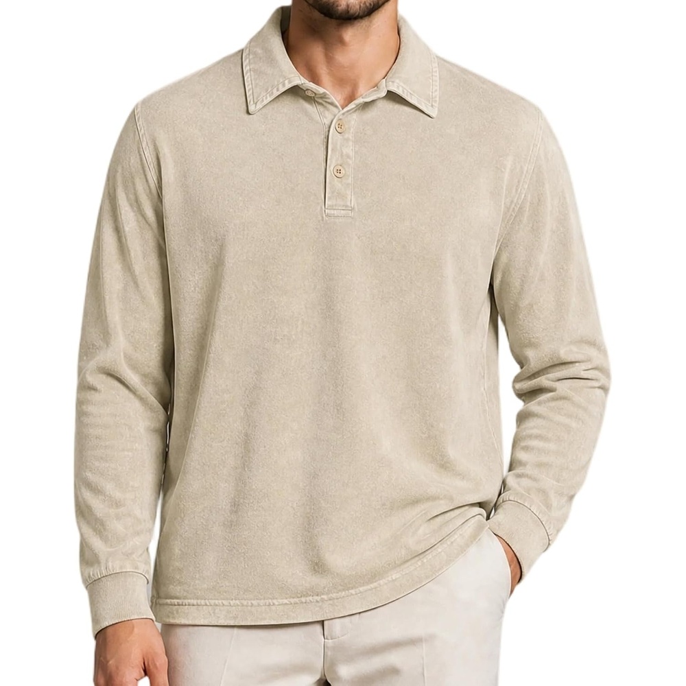 image:imageZITY Mens Long Sleeve Washed Cotton Polo Shirt Vintage Distressed Pique Collared Golf Casual ShirtApricot