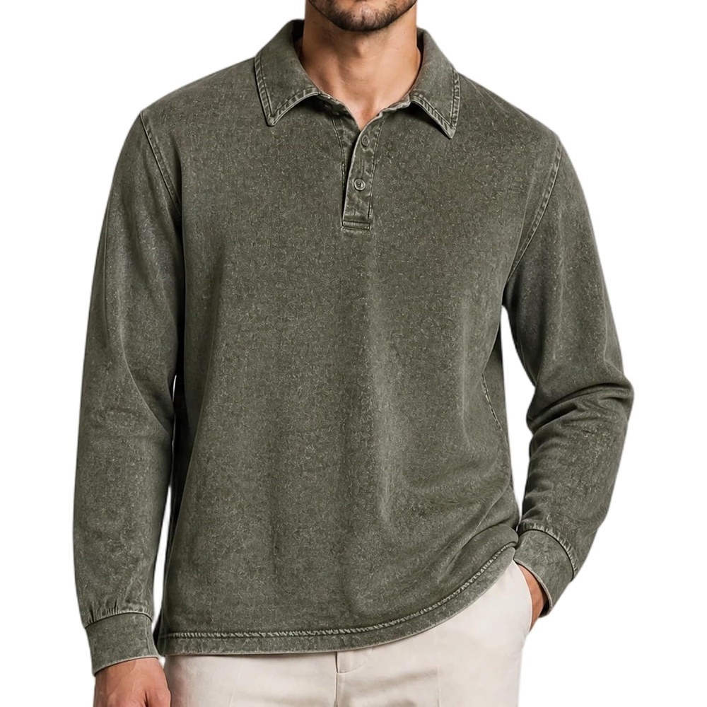 image:imageZITY Mens Long Sleeve Washed Cotton Polo Shirt Vintage Distressed Pique Collared Golf Casual ShirtArmy Green