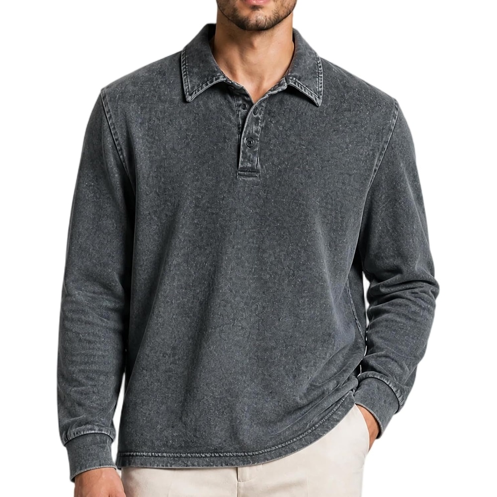 image:imageZITY Mens Long Sleeve Washed Cotton Polo Shirt Vintage Distressed Pique Collared Golf Casual ShirtGrey