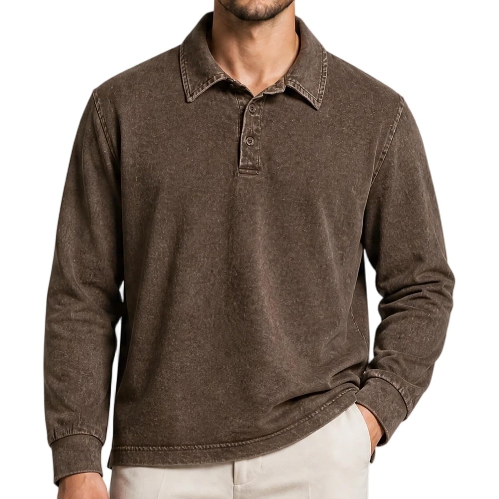 image:imageZITY Mens Long Sleeve Washed Cotton Polo Shirt Vintage Distressed Pique Collared Golf Casual ShirtVintage Brown