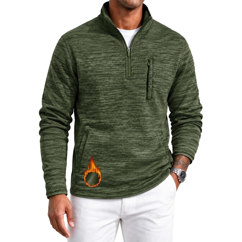 image:imageZITY Mens Quarter Zip Fleece Lined Pullover Mock Neck Long Sleeve Warm Casual Sweatshirt with PocketArmy Green