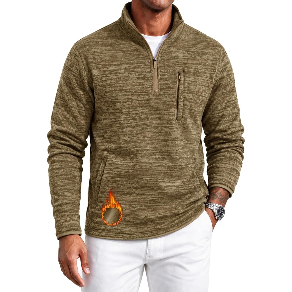 image:imageZITY Mens Quarter Zip Fleece Lined Pullover Mock Neck Long Sleeve Warm Casual Sweatshirt with PocketKhaki