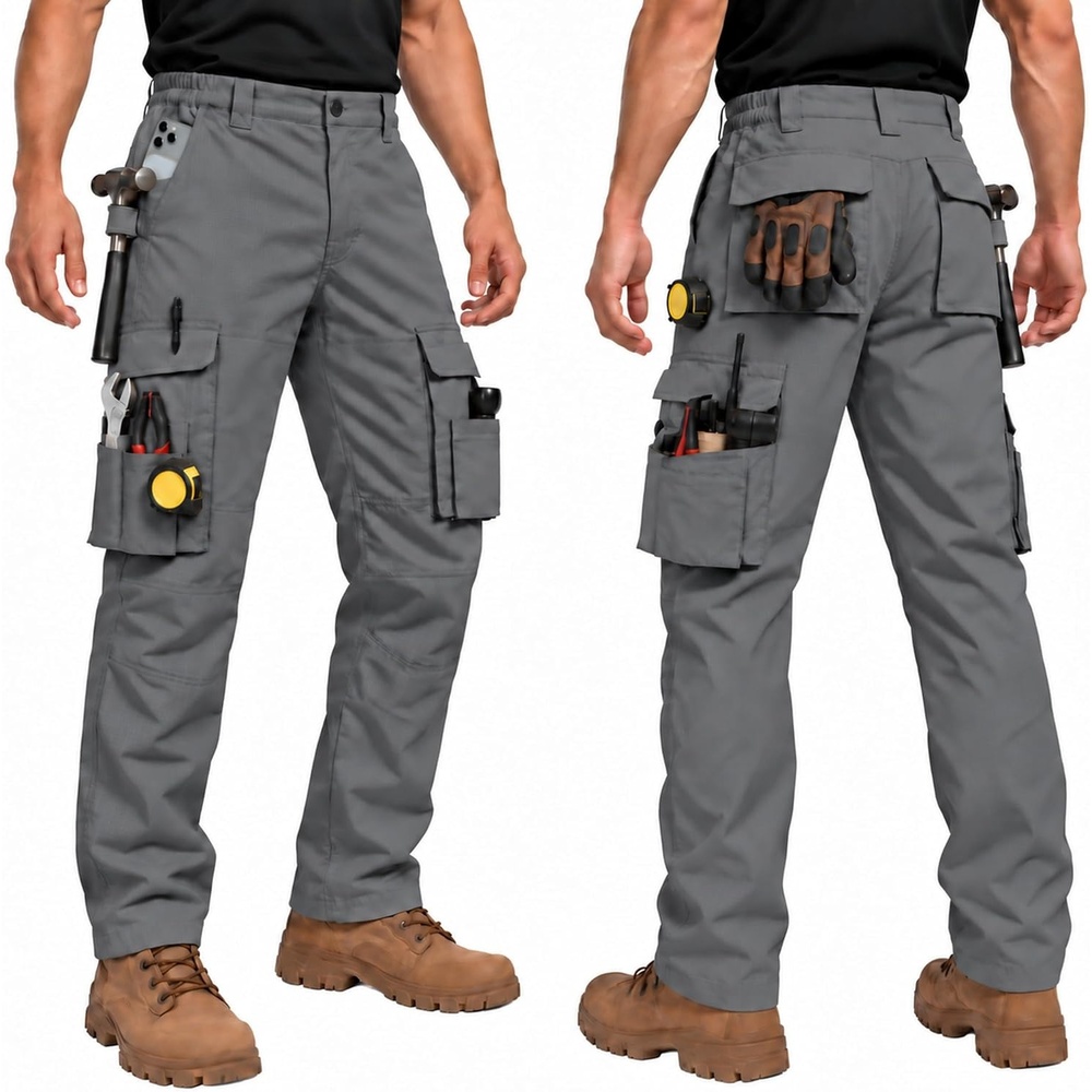 image:imageZITY Mens Work Pants 10Pocket Ripstop WaterResistant Cargo PantsGrey