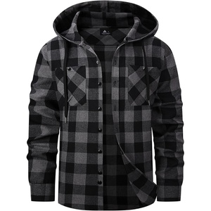 Mens Flannel Hoodie Lightweight Button Down Long Sleeve Shirts with Pocket(Black Dark Grey)