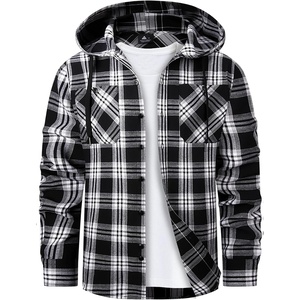 Mens Flannel Hoodie Lightweight Button Down Long Sleeve Shirts with Pocket(Black Grey)