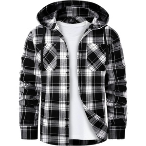 Mens Flannel Hoodie Lightweight Button Down Long Sleeve Shirts with Pocket(Black White)