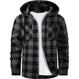 Mens Flannel Hoodie Lightweight Button Down Long Sleeve Shirts with Pocket(Dark Grey)