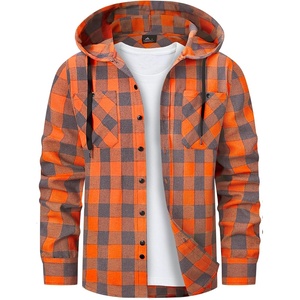 Mens Flannel Hoodie Lightweight Button Down Long Sleeve Shirts with Pocket(Orange)