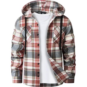 Mens Flannel Hoodie Lightweight Button Down Long Sleeve Shirts with Pocket(Wine Red Plaid)