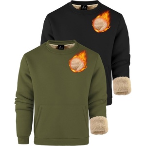 ZITY Men’s Crewneck Sweatshirts Sherpa Lined Sweatshirt Warm Soft Heavyweight Winter Pullover Kangaroo with Pouch Pocket(Black + Army Green)