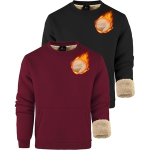 ZITY Men’s Crewneck Sweatshirts Sherpa Lined Sweatshirt Warm Soft Heavyweight Winter Pullover Kangaroo with Pouch Pocket(Black + Wine Red)