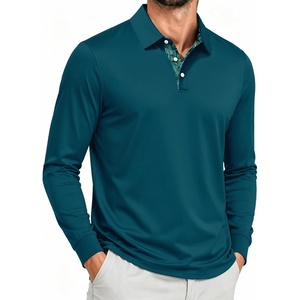 ZITY Mens Long Sleeve Golf Shirts Performance Print Collared Polo Shirt(Dark Teal Blue)