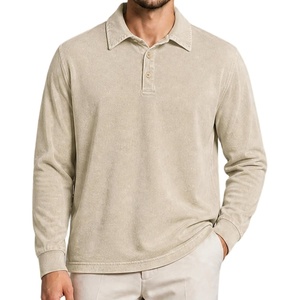 ZITY Men’s Long Sleeve Washed Cotton Polo Shirt Vintage Distressed Pique Collared Golf Casual Shirt(Apricot)