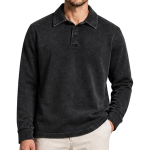 ZITY Men’s Long Sleeve Washed Cotton Polo Shirt Vintage Distressed Pique Collared Golf Casual Shirt(Black)