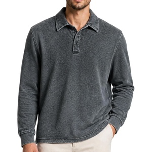 ZITY Men’s Long Sleeve Washed Cotton Polo Shirt Vintage Distressed Pique Collared Golf Casual Shirt(Grey)