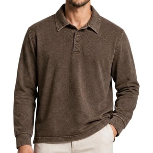 ZITY Men’s Long Sleeve Washed Cotton Polo Shirt Vintage Distressed Pique Collared Golf Casual Shirt(Vintage Brown)