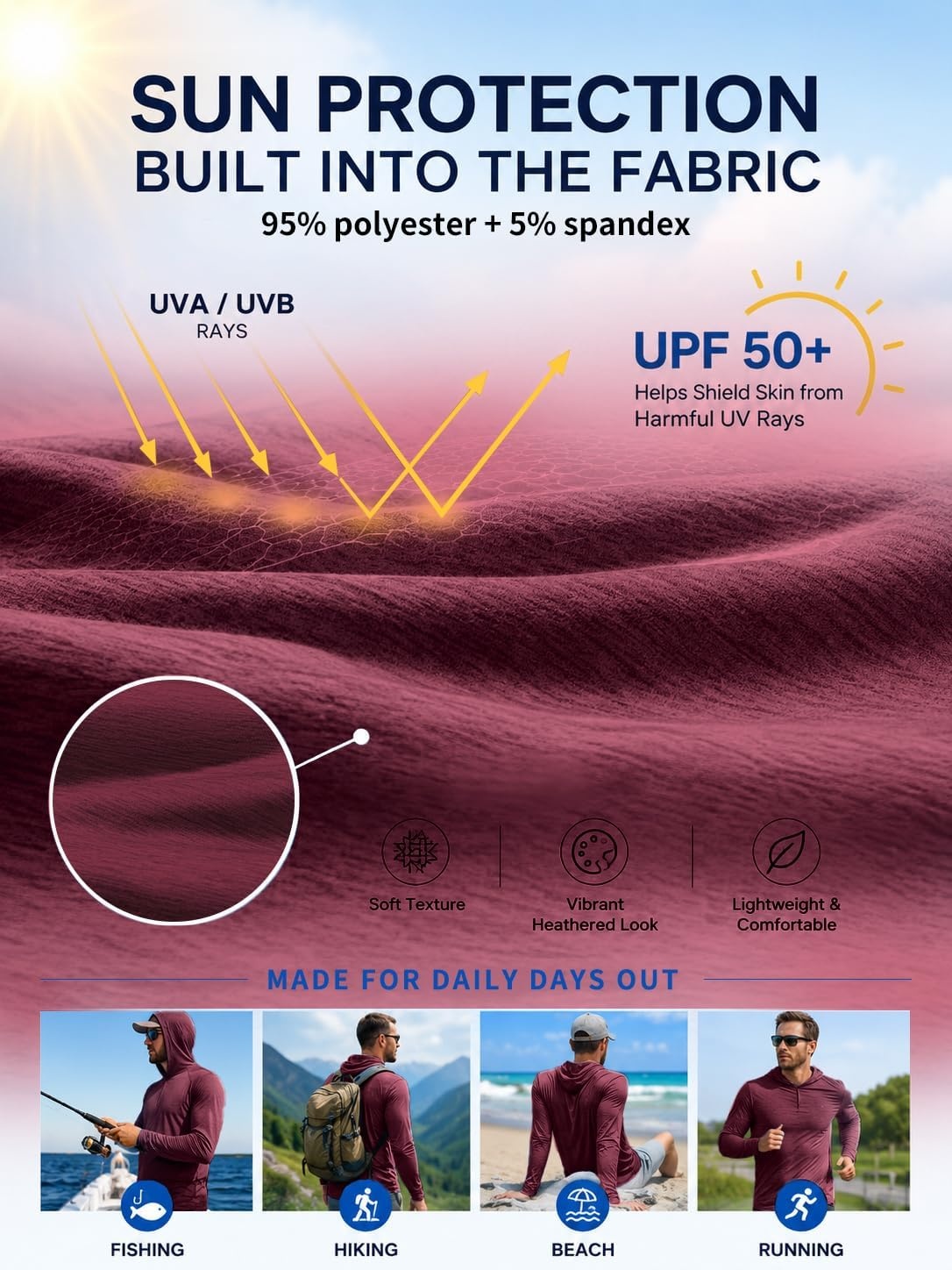image:image57 Pack Mens Sun Hoodie Lightweight Workout Pollover Athletic Shirts5 Pack Heather Burgundyarmy Greenlight Grayblacknavy Blue