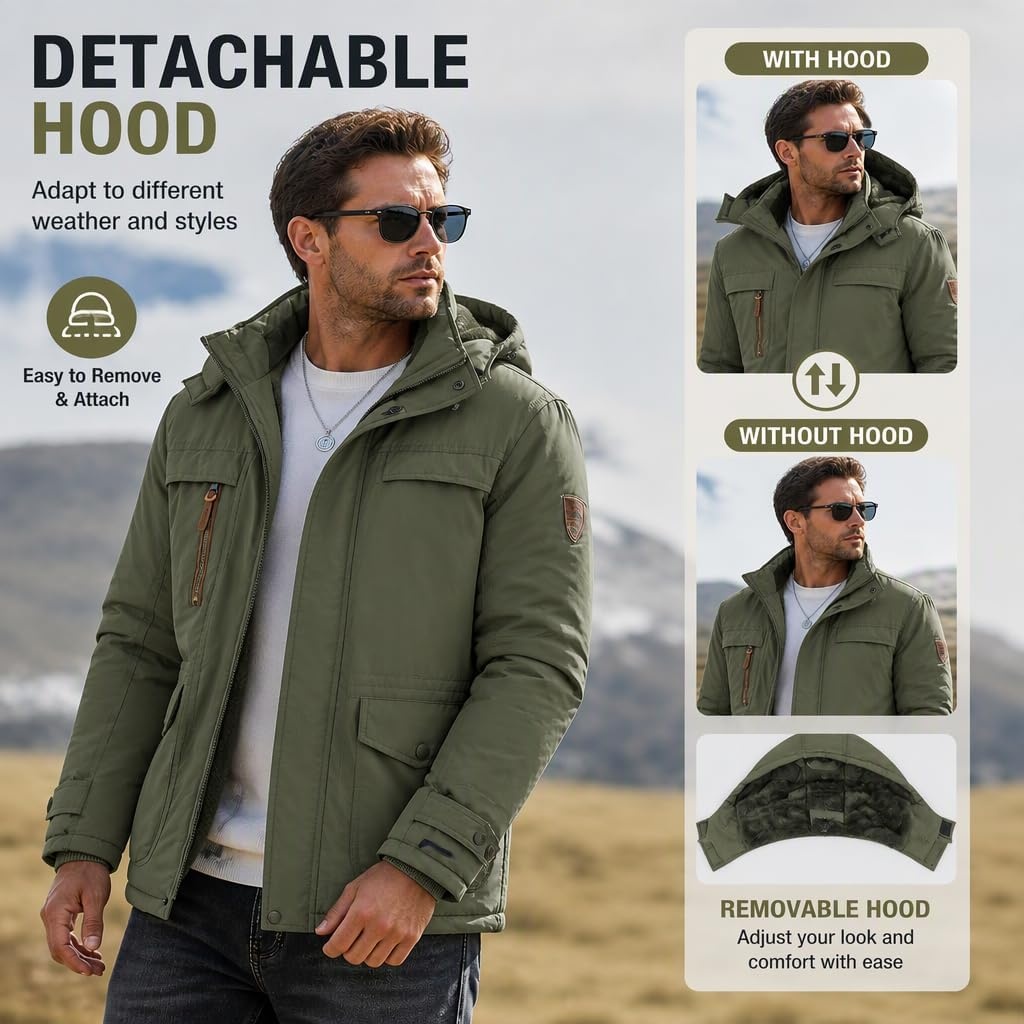 image:imageMens Winter Jacket Hooded Fleece Lined Windproof Parka Coats with PocketsArmy Green